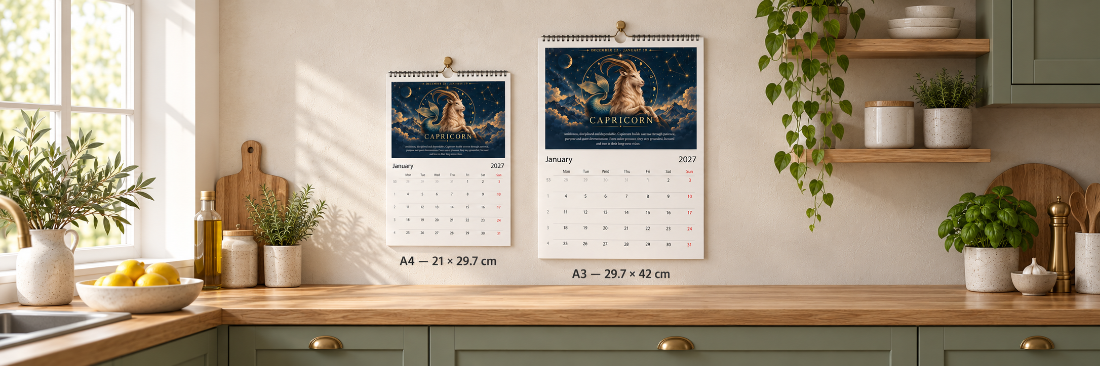 A4 and A3 2027 Zodiac Calendars displayed side by side in a kitchen for size comparison